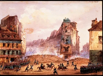 Kohtaus vuoden 1848 vallankumouksesta, kulttuuri Sainte Catherine Streetin barrikadista helmikuussa, kirjoittanut Gobaut, Ranska
