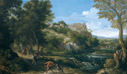 Maisema tanssiva faun ja nymfi 1667 - 1668, kirjoittanut Gaspard Dughet (1615-1675)