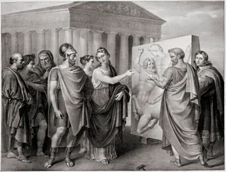 Ateenalainen poliitikko Perikles (495-429 eKr.) ja hänen toverinsa Aspasie ohjaavat Phidiaan työtä Parthenon a Athenes -tapahtumassa (Perikles ja Aspasia ohjaavat Phidiaan työtä Parthenonille Ateenassa). Kaiverrus Gaspare Landin (1756-1830) maalauksen jälk