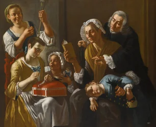 La lecon de couture - Ompeluoppi, Traversi, Gaspare (1732-1769). Öljy kankaalle, koko: 131x158, n. 1760, Yksityiskokoelma