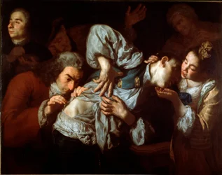 Haavat Lääkäri tutkii loukkaantuneen miehen ja nuori nainen rauhoittaa. Gaspare Traversin maalaus (n. 1722-1770). 1752 noin Aurinko. 100x127 cm Galleria dell