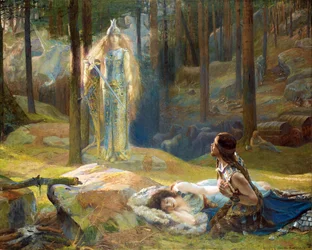 La Revelation, Brunnhilde (Brunehilde, Brynhildr) decouvrant Siegmund et Sieglinde - Ilmestys. Bussiere, Gaston Brunhilde näkemässä Siegmundin ja Sieglinden (1862-1928)
