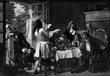 Illallinen Molièren luona Auteuil’ssa. Viittaus ”Dîner d’Auteuil” -anekdoottiin, jossa La Fontaine, Chapelle (Claude Emmanuel Lhuillier, lisänimeltään Chapelle), Racine ja Boileau päättivät aterian aikana tehdä itsemurhan. 1600-luku. Kaiverrus Gaston