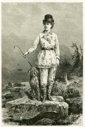 Madame Marie De Ujfalvy-Bourdonin muotokuva matkapuvussa koiransa kanssa, naimisissa etnologi lingvistin ja tutkimusmatkailijan Charles Eugene Ujfalvyn (1842-1904) kanssa, hän seurasi häntä kaikilla hänen tutkimusmatkoillaan. Kaiverrus G.Vuillier, luonnon 