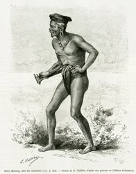 Sibou Mobang, kannibaalien päällikkö. G. Vuillierin kaiverrus Carl Bockin Borneon-matkasta kertovan teoksen De Koutei a Bandjirmasin kuvitukseksi, julkaisussa Le Tour du Monde, 1890, toimittajana Edouard Charton (1807-1890), Hachette, Pariisi.