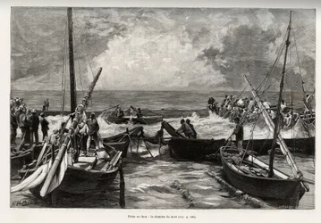 Tonnikalanpyynti (mattanza): kuolinkammio, tonnikalapuristimia ahtaassa tilassa peittävät kalastajien harppuunat. Kaiverrus ja tarina "" La Sardaigne" - kirjoittanut Gaston Vuillier (1845-1915), vuonna 1890, Le tour du monde, nouveau journal des voyages, a