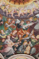 Yksityiskohta Siunatun Neitsyt taivaaseenastumisesta, joka tunnetaan nimellä "Musiikkia soittavien enkelien kuoro", risteyksen kupoli, vuodelta 1534 (fresko)