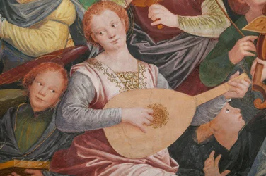 Yksityiskohta Siunatun Neitsyt taivaaseen ottamisesta, joka tunnetaan nimellä "Musiikkia soittavien enkelien kuoro", risteyksen kupoli, vuodelta 1534 (fresko)