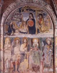 Syntymä ja pyhät, Gaudenzio Ferrarin (1475-1546) fresko, San Giulion basilika, San Giulion saari, Orta San Giulio, Italia