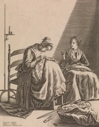 aDues dones cosint, làmina 1 de Cinc ocupacions femenines, ca. 1640-57. finlandès