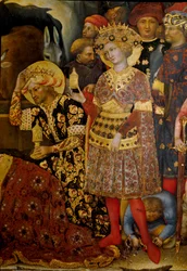 Taikaiden palvonnan alttaritaulu (Pala Strozzi) Yksityiskohta, joka edustaa kahta kuningasta. Gentile da Fabrianon (Gentile di Niccolo) maalaus (1370-1427) 1423 Su. 173x220 cm. Tempera puulla. Firenze, Galleria degli Uffizi (Uffizi)