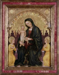 Valtaistuimella Madonna ja lapsi kahden enkelin kanssa