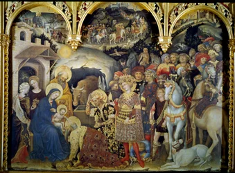 Gentile da Fabrianon (1370-1427) Detrempen taikaiden palvonta puulla 1423. Su. 3x2,8 m Firenze, Uffizin galleria.