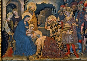 Kuninkaiden kumarrus, yksityiskohta Neitsyt Mariasta ja lapsesta sekä kolmesta kuninkaasta, 1423