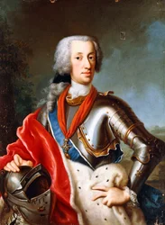 Karl Albrecht Wittelsbachin muotokuva, seisova, kolme neljäsosaa, yllään juhlamekko (öljy kankaalle)