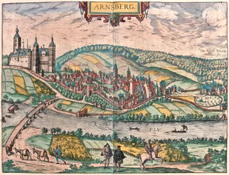 Arnsberg, Saksa - teoksessa "Civitates Orbis Terrarum", kirjoittanut Georg Braun, Köln 1617.