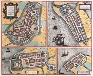 Bolsward, Stavoren, Harlingen ja Hindelopen, Alankomaat - Georg Braunin teoksessa "Civitates Orbis Terrarum", Köln 1617.