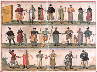 Miesten ja naisten puvut - Georg Braunin "Civitates Orbis Terrarum", Köln 1617.