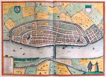 Kampen ja Ysel-joki, Alankomaat - Georg Braunin teoksessa "Civitates Orbis Terrarum", Köln 1617.