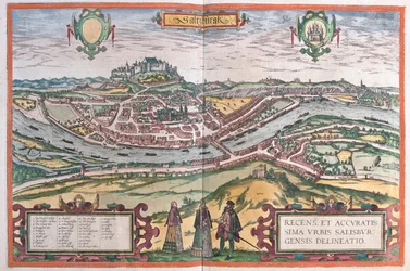 Salzburg, Saksa - Georg Braunin teoksessa "Civitates Orbis Terrarum", Köln 1617.