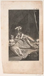 Kuvitus, jossa nainen soittaa luuttua herrasmiehelle teltassa