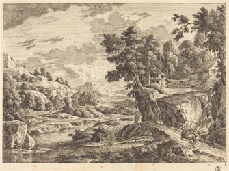 Paisatge amb un pont i tres edificis de granja