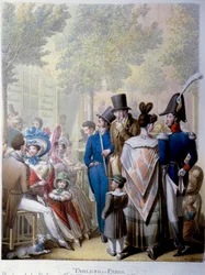 Boulevard des Italians, kahvila Hardy Pariisissa 1800-luvulla. Saksalaisen Georg Emanuel Opitzin litografia (1775-1841)