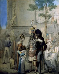Kookoskauppias Porte Saint Denis Pariisissa. Vanha kookoskuppeja myyvä kauppa Pariisin kaduilla. Piirustus saksalainen George Emanuel Opitz (1775-1841), Pariisi. Carnavalet-museo