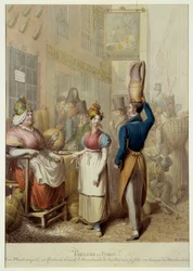 Tableau de Paris: rue de la rue Montorgueil ja kahvilaravintola "Le Rocher de Cancale" Pariisissa. Katukauppiaat ja ohikulkijat. Saksalaisen George Emanuel Opitzin (1775-1841) litografia