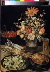 ""Asetelma kukilla, kanaa, tiimalasia, oliiveja, kirsikoita ja kaalia"" (Asetelma kukilla ja välipalalla) Georg Flegelin (1566-1638) maalaus 1630-1635 Mitat 52,5x41 cm Eremitaaši, Pietari