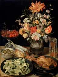 Asetelma kukkien ja välipalan kera, c1630-c1635