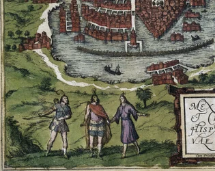 BRAUN, George (1541-1622). ORTELIUS, Abraham (1527-1598). HOGENBERG, Franz (1535-1590). Civitatis Orbis Terrarum (Theatrum orbis terrarum). 1572-1617. Mexico City (1576). Yksityiskohta, jossa atsteekit. Etsaus. ESPANJA. KASTILIA JA LEÓN. Salamanca. Salaman