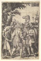 Joosef myi kauppiaille: parrakas mies, joka tarttuu Joosefiin vasemmalla kädellä, saa mukanaan..., 1546.