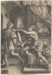 Joosef astuu pois Potifarin vaimon luota, joka puristaa vaippaansa molemmin käsin, kun hän st..., 1546.