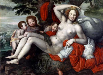 ""Leda ja joutsen"" - Leda ja joutsen, Pencz, Georg (Jorg) (1500/02-1550), 1500-luvun puoliväli. - Öljy puulle, 92x126 - Niittymuseo, Madrid