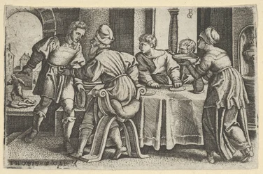 Tobias poistumassa pöydästä, Tobiaksen tarinasta, 1543.