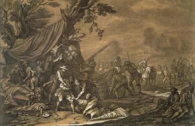 Taistelukentän sotilaskirurgi Espanjan peräkkäissodan aikana, 1707, kaiverrus Christian Rugendas (1708-81) n. 1740