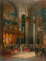 Kasakkaupseerien kunnianosoitus valtaistuinsalissa, tsaari Aleksanteri IIn kruunajaiset, Moskova, 1856.