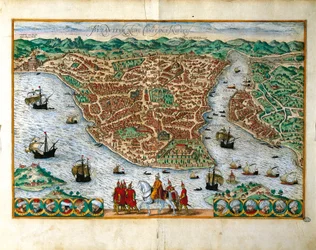 Italia, Milano, Georg Braunin (1541-1622) ja Franz Hogenbergin (1535-1590) perspektiivikuva Konstantinpolen kaupungista, värikaiverrus