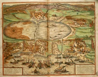 Kartta Tunisiasta, Tunisiasta, maailmankaupungista, Georg Braun ja Franz Hogenberg, kaiverrus