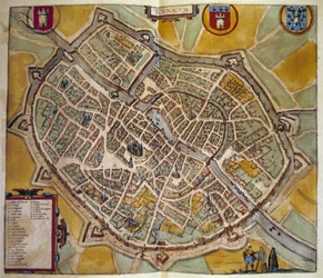 Kartta Toursin kaupungista Ranskassa. Kaiverrus "Braunin ja Hogenbergin" atlasista vuodelta 1572