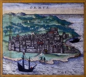 Iranin saari Ormuz tai Hormuz reitillä Indesille Braunin ja Hogenbergin Civitates Orbis Terrarum -atlasin jälkeen