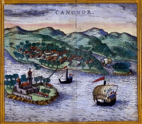 Näkymä Canonoriin (tai Cannanoreen) Intiassa Braunin ja Hogenbergin "Civitates Orbis Terrarum" -julkaisusta
