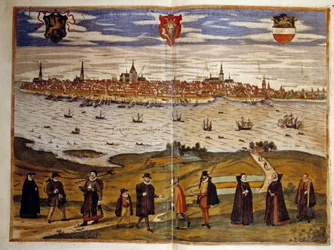 Näkymä Roztockin kaupunkiin Saksassa. Kaiverrus Braunin ja Hogenbergin atlasista vuodelta 1572