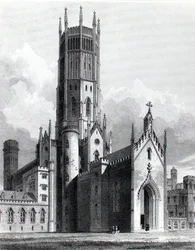 Fonthill Abbey luoteesta, John Brittonin "Graphic and Literary Illustrations of Fonthill Abbey", kaiverrus J. Lambert