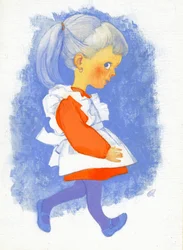 Pikkutyttö esiliinalla, 1970-luku (guassi gessoidulla kovalevyllä)