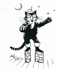 Puss in (tiiliseinämäinen alusta) saappaat (mustetta läpinäkyvälle valkoiselle kortille)
