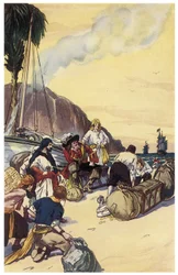 Merirosvo Henry Morgan jakaa Maracaibo-kuvituksen aarteen George Albert Williamsin (1875-1932) teoksesta "The Pirates of Panama or the Buccaneers of America" 1914.