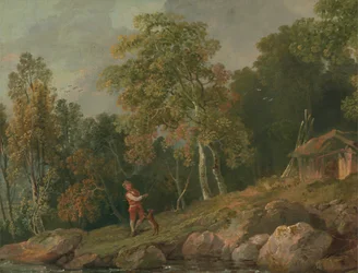 Metsäinen maisema pojan ja koiransa kanssa