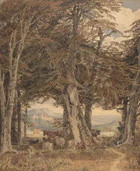 Nauta ja lampaat lepäämässä metsän reunassa, n. 1840.